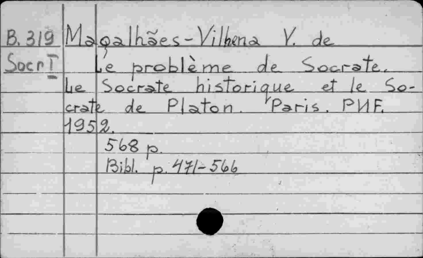 ﻿В, 319	Мз	âaJkae.c - V/Mma V. Ае.
Soc Г Г		je. problème de Ъос-ra'f’e..
*	Le	Socr^Te nisToHaue -et /e €<?-
	GF<àt	L o/e_ Platon. ^P^ns. РИЕ
	^5	%.
		.З-fe« p	
		ßiU. уЛУ/-Л4
		
		
		
			